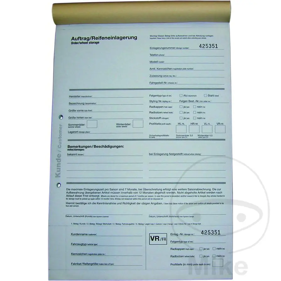 Eichner Tire Storage Form BLOC M 25 sheets