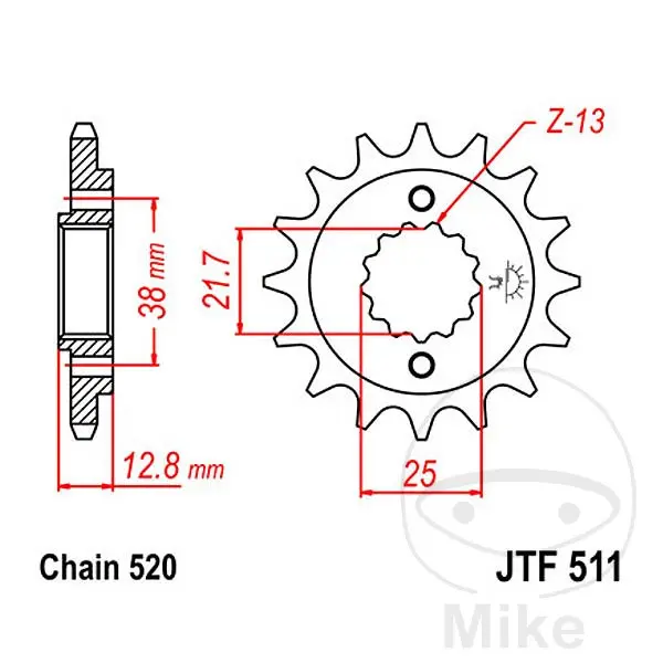 Drevetand JT Sprockets 15Z PAS 520 fin tand indvendig diameter 21.6/2