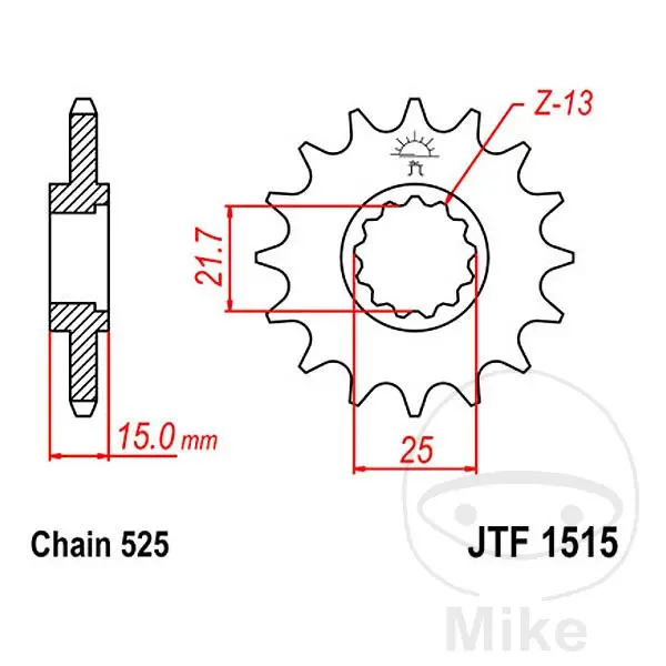 JT Sprockets 15Z PAS 525 피니언, 세 이빨 내경 21.6/2