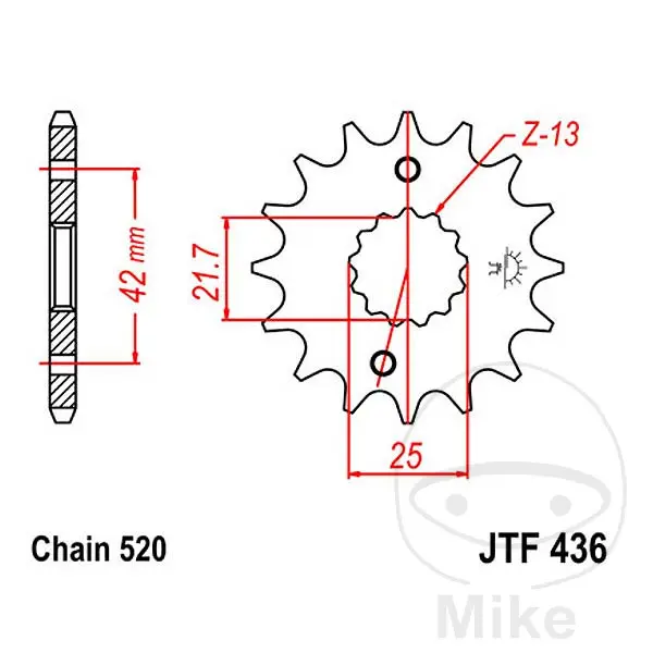 Pignon JT Sprockets 13Z pas 520 à denture fine diamètre intérieur 21,6/2