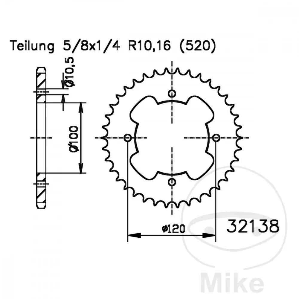 Couronne Esjot 38Z PAS 520 Diamètre Intérieur 100 Entraxe Fixation