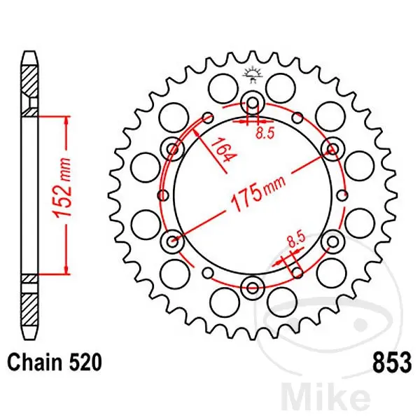 JT Sprockets 52Z PAS 520 স্প্রকেট ইন্টেরনাল ডায়ামিটার 152 ফিক্সেশন সেন্টার
