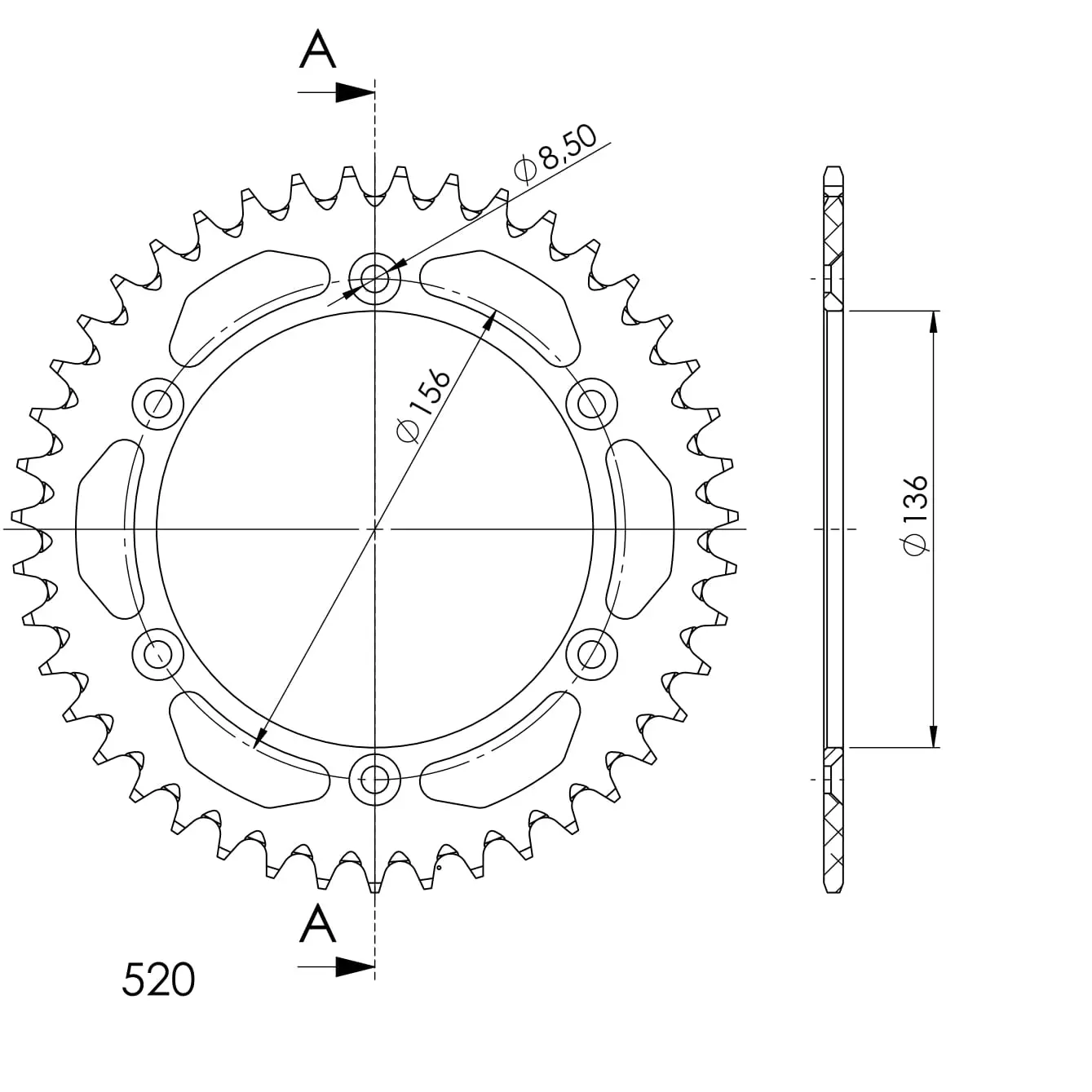 Aluminium achtertandwiel 520 42 tanden Esjot JTA822 Gas Gas Husqvarna Suzuki