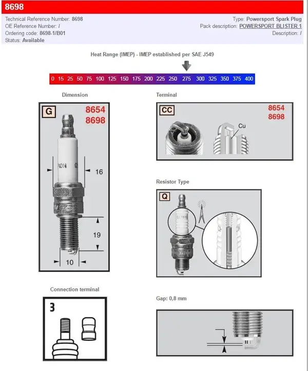 점화 플러그 8698 Ø10mm 소켓: 19mm 등가 CR8EIX / CR9EIX