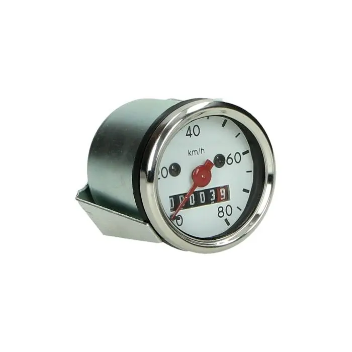 Compteur kilométrique 80km/pu blanc/chrome avec lumière 48mm blanc Tomos, camino, kreidler, puch, simson, zundapp