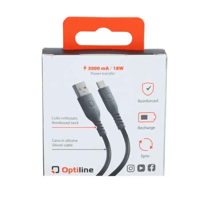 آپٹی لائن سلیکون USB A سے USB C چارجنگ کیبل 60 سینٹی میٹر سیاہ 91787