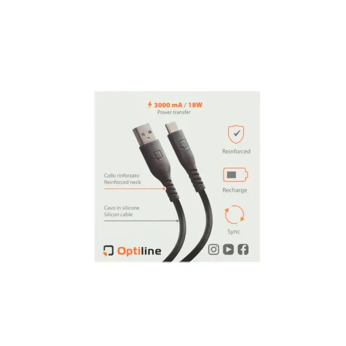 كابل شحن Optiline سيليكون USB A إلى USB C 150 سم أسود 91788