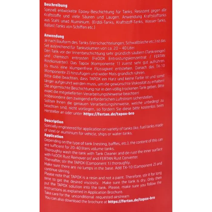 Revêtement réservoir d'essence Fertan Tapox 285 ml + 160 ml
