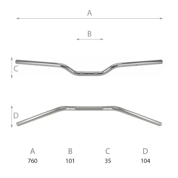 로드 바이크 핸들바 Tommaselli 강철 직경 22 mm 길이 760 mm 높이 35 mm 크롬 도금 보강 바 없음
