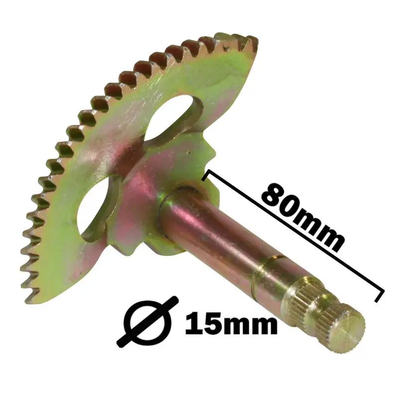 Axe-pignon de kick P2R adaptable CPI 50 Oliver 2003+ / Keeway 50 Matrix 2006+ / Malaguti 50 F12 2007+ (ø 15 mm, L 80 mm, 32 cannelures, entraxe 47 mm)