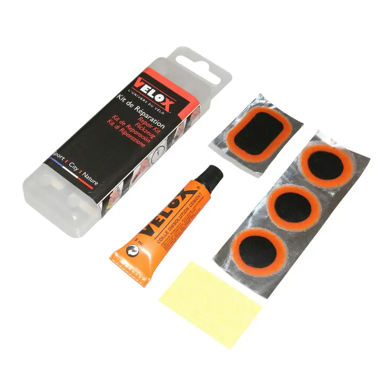 Reparaturset für Fahrradschlauch Velox VTT verstärkt - Box (8 Flicken 25 mm + 2 Flicken 35x25 mm + 1 Flicken 50x30 mm + Kleber 5g + Stahlfeile)