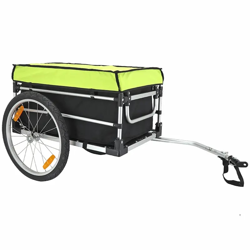 Remorque velo utilitaire maxi 40KG colori vert-noir avec housses (dimensions interieures l68xl42xh38) avec roues 20" fixation axe de roue - montage rapide sans outil