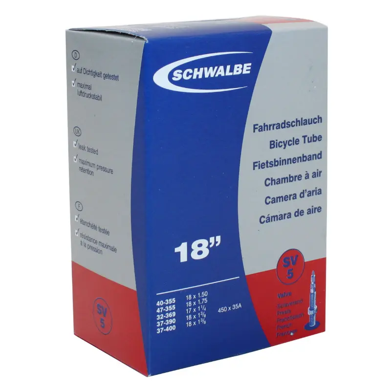 Chambre à air vélo 18" Schwalbe 40-355 à 37-400 valve Presta aluminium