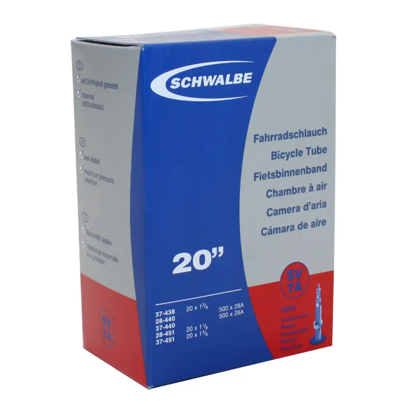 Chambre à air vélo 500 x 28A - 20 x 1 3/8 Schwalbe valve Presta tout alu (37-438 à 37-451)