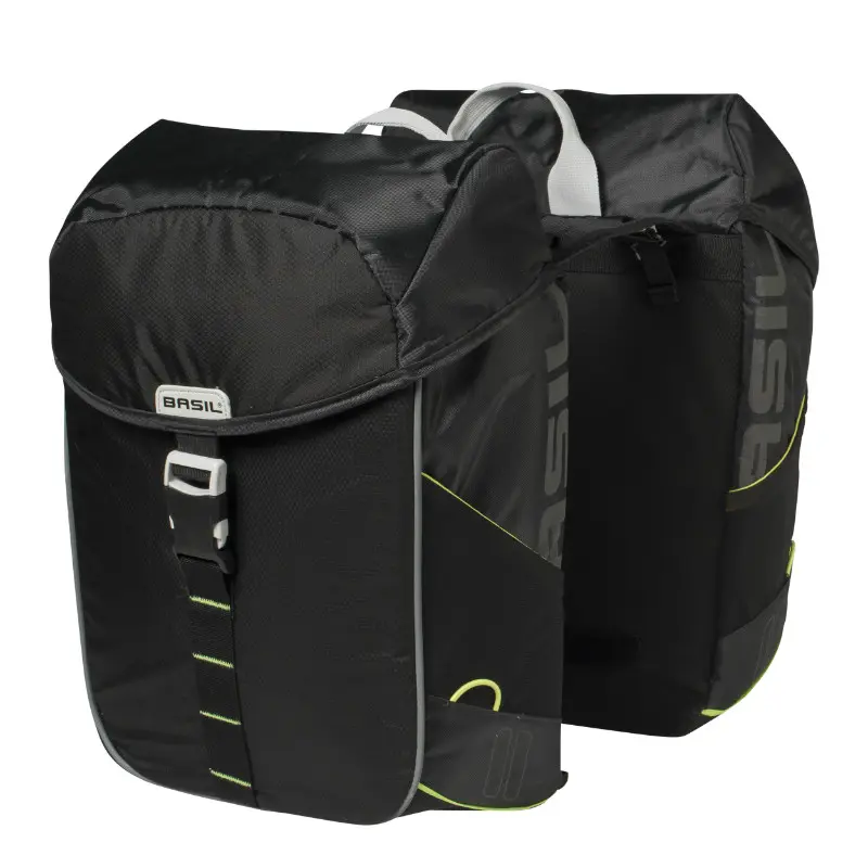 Porinė Basil Miles Waterproof 32L dviguba užpakalinė dviračio lagaminėlė, juoda su geltonai fluorescencine apvada (pora) 44x14x30cm