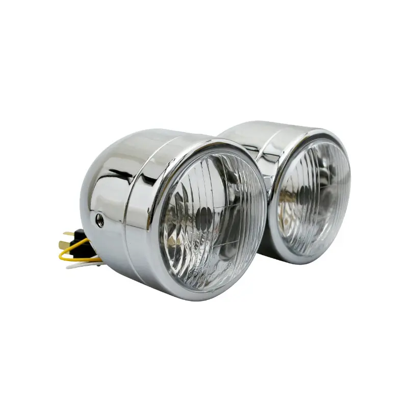 Phare-optique moto Avoc double diam 90 MM lampe H4 + feu de position chrome entraxe de fixation 210MM (homologue ce)