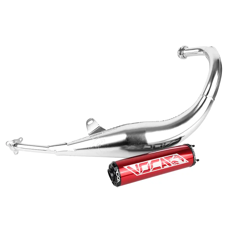Silencieux Voca Racing chromé pour Derbi 50 Senda, GPR-Aprilia 50 RS4, Gilera 50 SMT, RCR (passage bas - alu rouge)