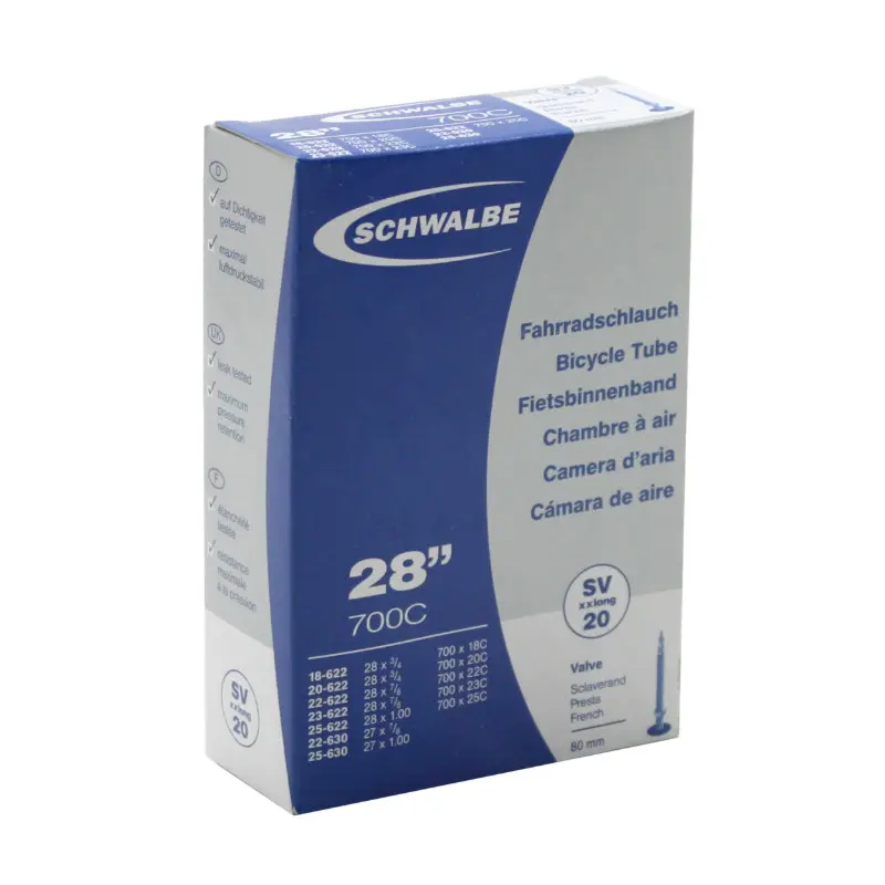 Chambre a air velo 700 x 18-25 schwalbe valve presta obus demontable tout alu 80MM (SV20)