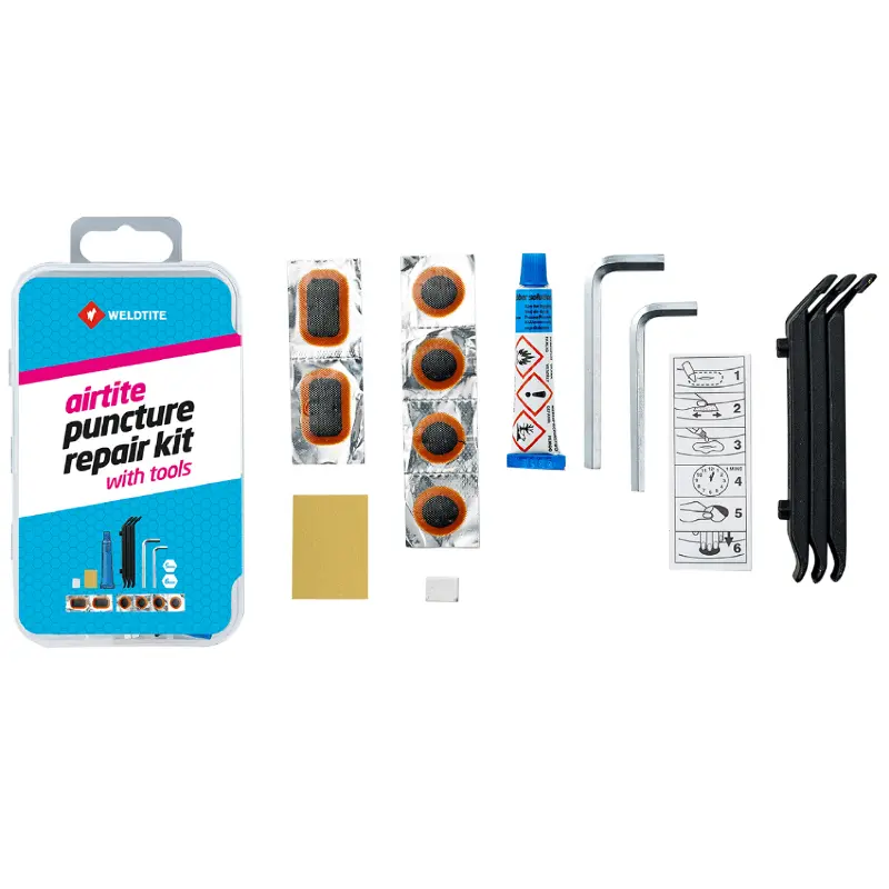 Weldtite Fahrrad-Schlauchreparaturset mit Werkzeug - Box (4 Flicken 18MM + 2 Flicken 28X18MM + Kleber 5G + Schleifpapier + Kreide + 3 Reifenheber + 2 Inbusschlüssel 5 und 6 MM) mit Anleitung