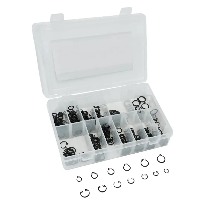Assortiment circlips extérieur et intérieur 6 et 7 tailles diam 8 à 15 mm boîte 625 pièces P2R