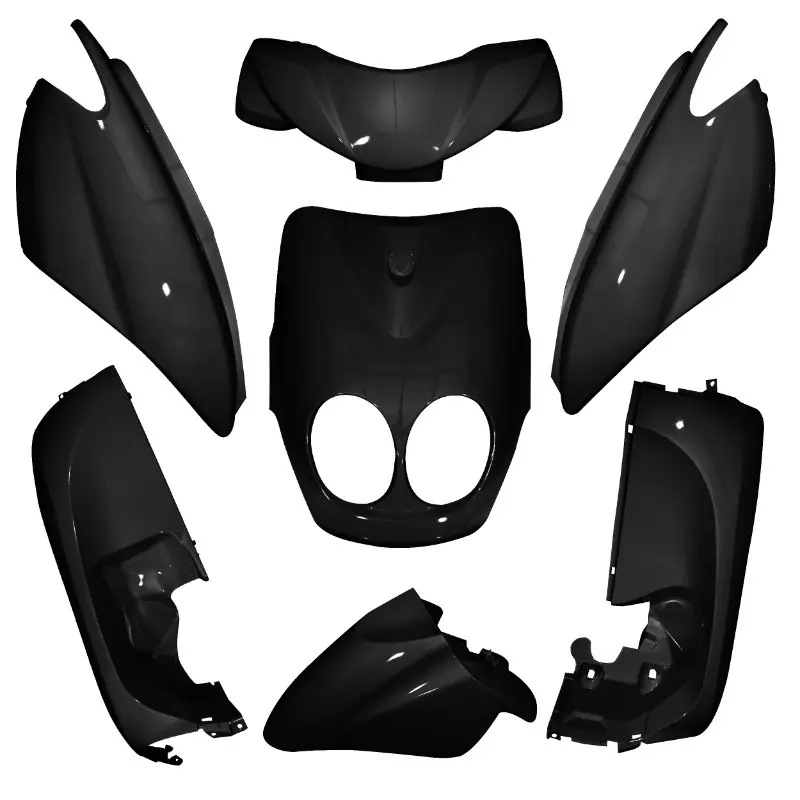 Carrosserie-carénage adaptable MBK Ovetto 50 2011+ et Yamaha Néos 50 2011+ compteur digital noir brillant (kit 7 pièces)