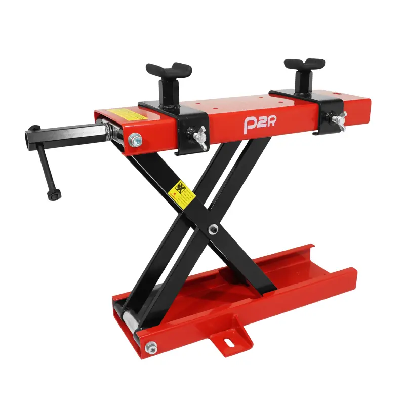 Lève-pont moto P2R mécanique à vis avec supports acier rouge (hauteur min 90 mm - max 405 mm)
