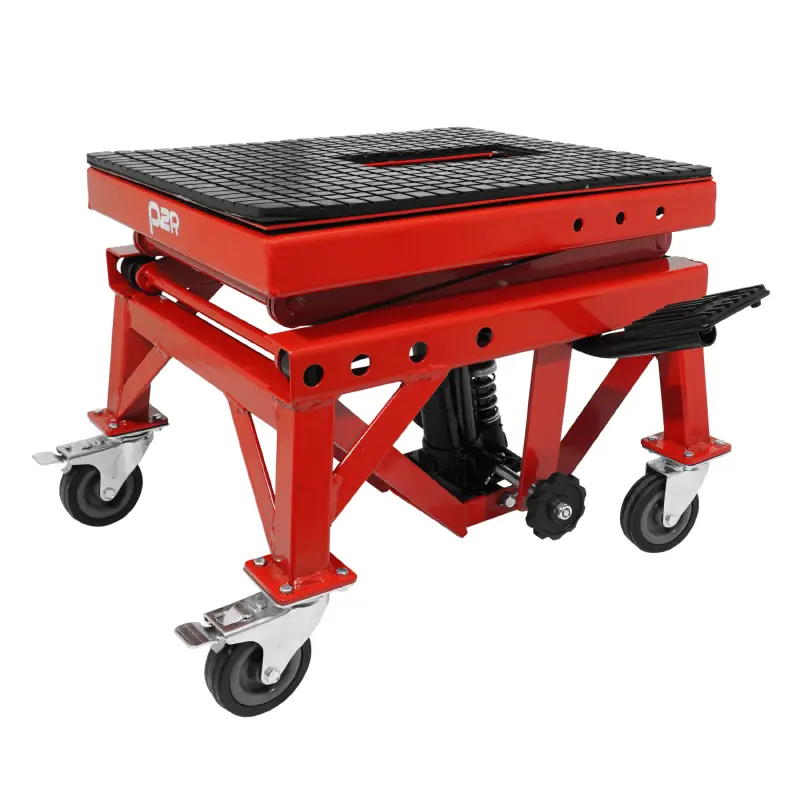 Motorrad-Roller-Hydraulikhebebühne P2R mit Säule auf Rollen, Mindesthöhe 38CM, Maximalhöhe 95CM, rotes Stahl — Ansicht 3