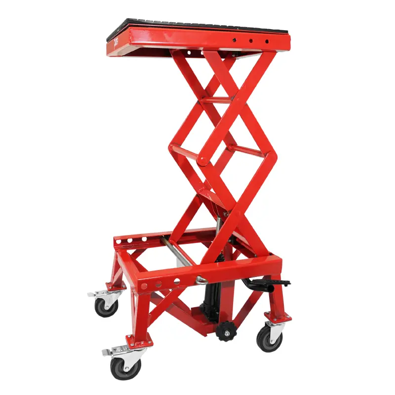 Motorrad-Roller-Hydraulikhebebühne P2R mit Säule auf Rollen, Mindesthöhe 38CM, Maximalhöhe 95CM, rotes Stahl — Ansicht 7