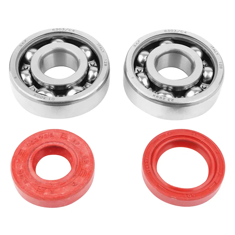 Roulement d'embiellage + joint 50 a boite P2R adaptable minarelli 50 AM6-MBK 50 x-power-yamaha 50 tzr-peugeot 50 XPS, XR6-RIEJU 50 RS1, smx-beta 50 RR (kit 6303 SKF acier C4-JOINT racing rouge)