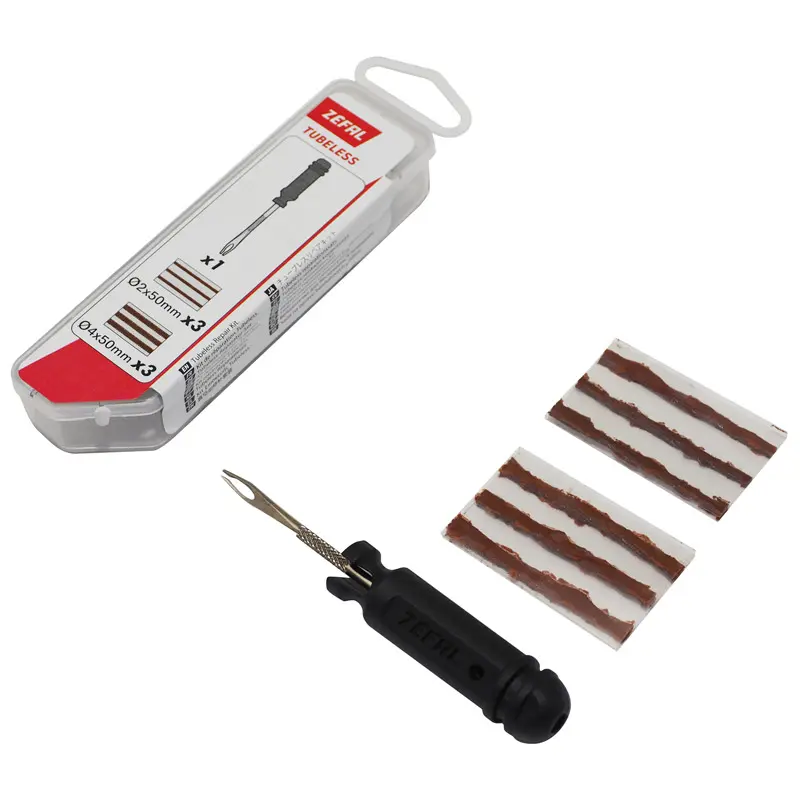 Kit réparation pneu tubeless VTT Zefal par l'extérieur avec mèches - boîte (3 mèches D2XL50MM + 3 mèches D4XL50MM + outil aiguille)