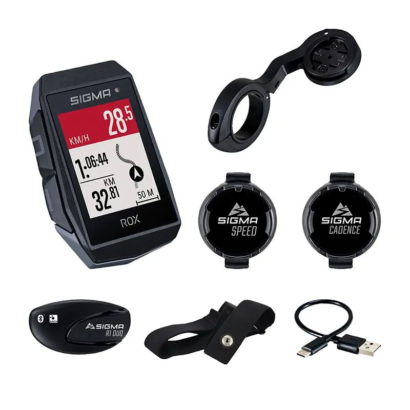 심박수, 고도계, 캐던스 및 속도 송신기가 내장된 Sigma ROX 11.1 Evo GPS 블랙 사이클 컴퓨터