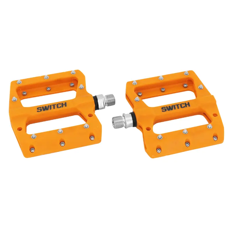 Pédales VTT plateforme descente SWITCH BMX Switch Jump résine orange filetage 9-16 avec picots argent (paire)