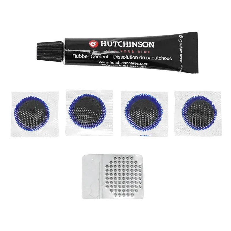 Reparaturset für tubeless Fahrradreifen Hutchinson von innen mit Flicken - Box (3G Kleber + 4 Flicken 17 mm)