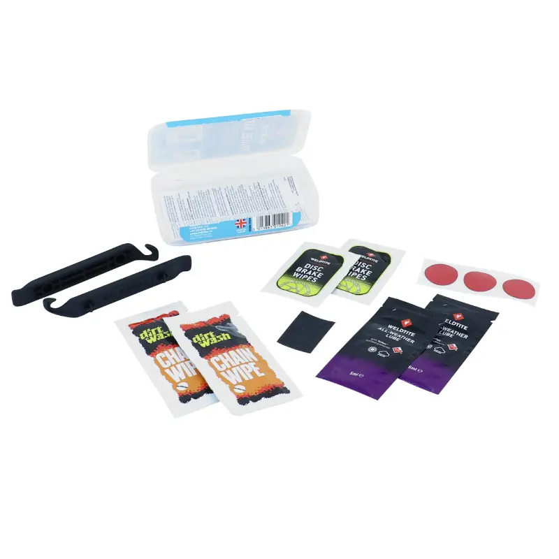 Kit reparation chambre a air - entretien Weldtite avec rustines et demontes pneu, 2 sachets 5ML lubrifiants teflon, 2 lingettes nettoyants chaine et 2 lingettes nettoyants disque