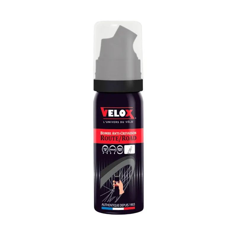 Bombe anti-crevaison Velox pneu boyau raccord direct valve Presta 50 ml
