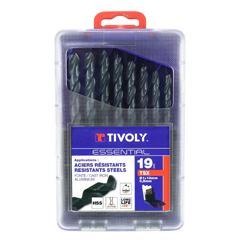 Coffret 19 forêts Tivoly TSX acier rapide HSS diamètre 1 à 10 mm
