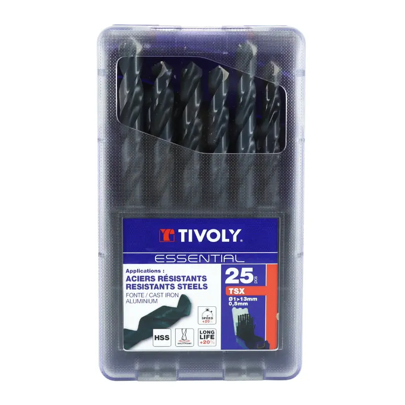 Tivoly TSX HSS-hastighetsstålborr set diameter 1 till 13 mm (med 0,5 steg) 25-delars förpackning — vy 2
