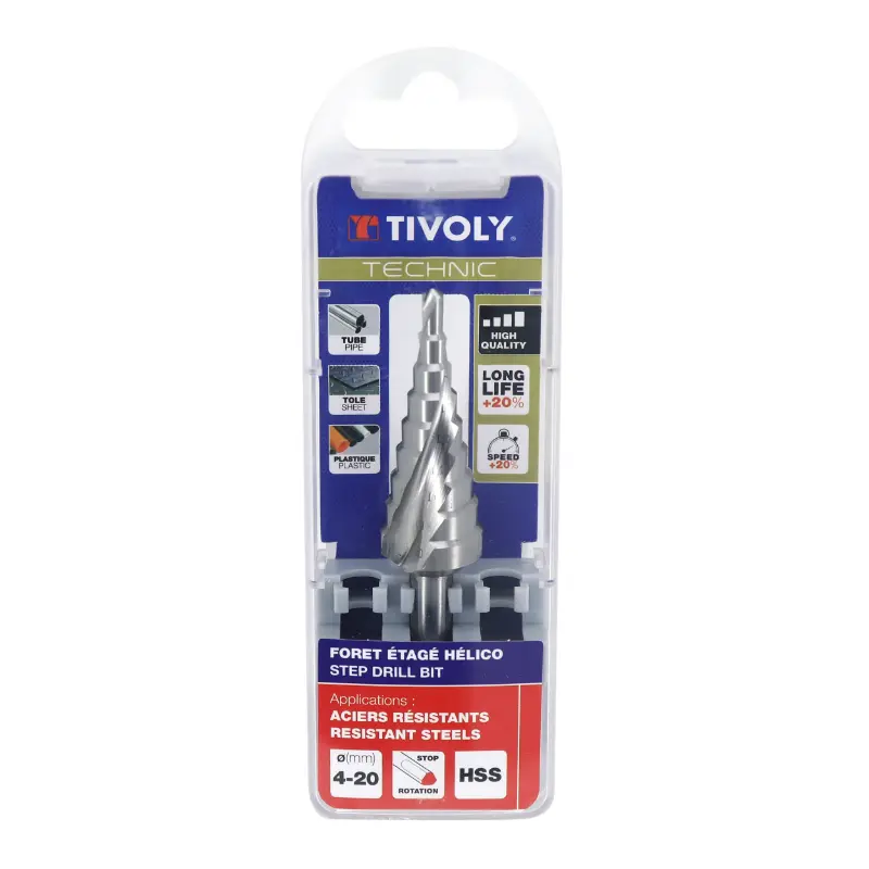 Foret Tivoly HSS conique étagé goujures hélicoïdales diamètre 4 à 20 mm par 0,5 (blister)