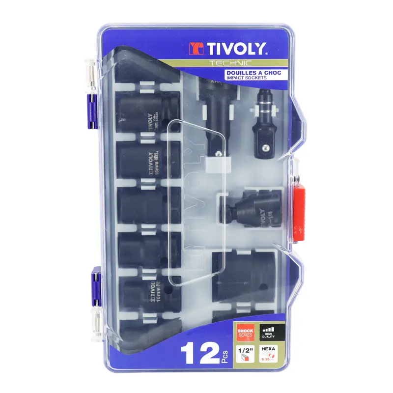 Tivoly 쇼크 소켓 + 어댑터 및 익스텐션 1/2 인치 직경 8~24 mm (케이스 12피스)