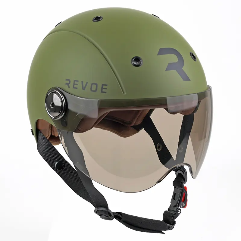 Fahrradhelm für Erwachsene Revoe Premium Urban-City Khaki matt Größe 57-58 verstellbarer Visier, abnehmbarer Ohrenschutz (im Karton verkauft) kompatibel mit E-Bike und E-Scooter - Zulassung EN1078+A1