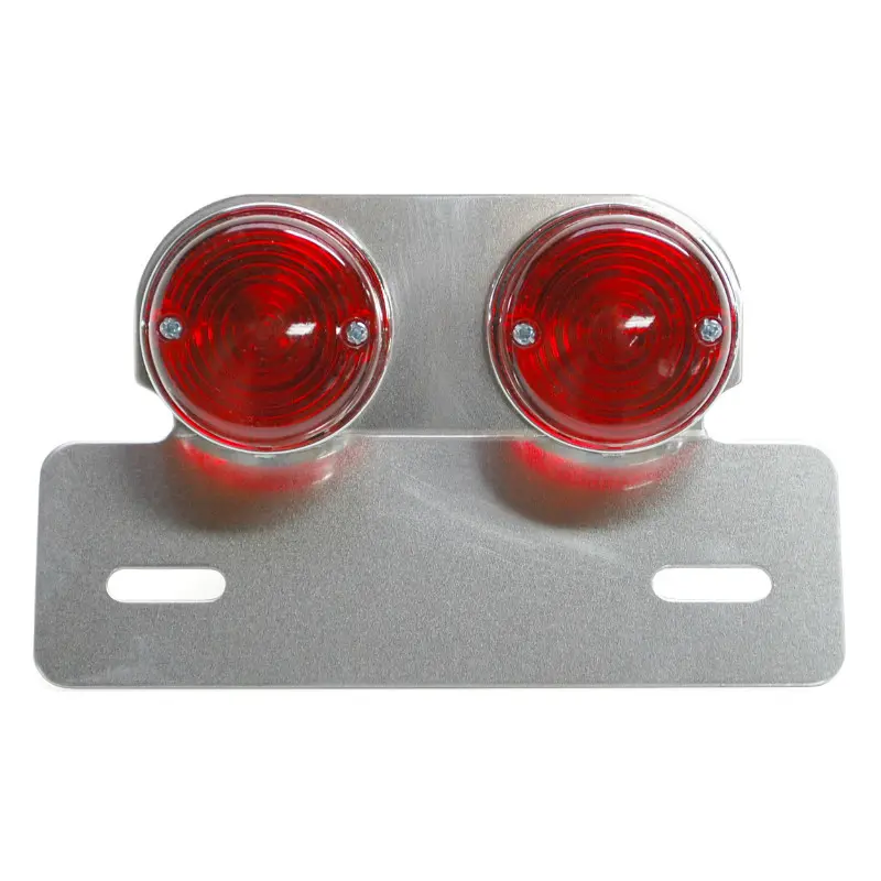 Support de plaque immatriculation avec feu 50 a boite-moto alu avec feu rond rouge (1 faisceau par feu) -argent (l 171MM - h 30MM - l 105MM) ** -Replay