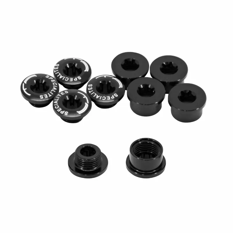 INTRAVIS PEDALIER TA ALU NOIR COMPATIBLE MONO PLATEAU 4 ET 5 BRANCHES (JEU DE 5) - VIS ET CHEMINEE Sachet de 5 vis aluminium M8x0.75x5L + 5 cheminées aluminium M8x0.75x4L.
