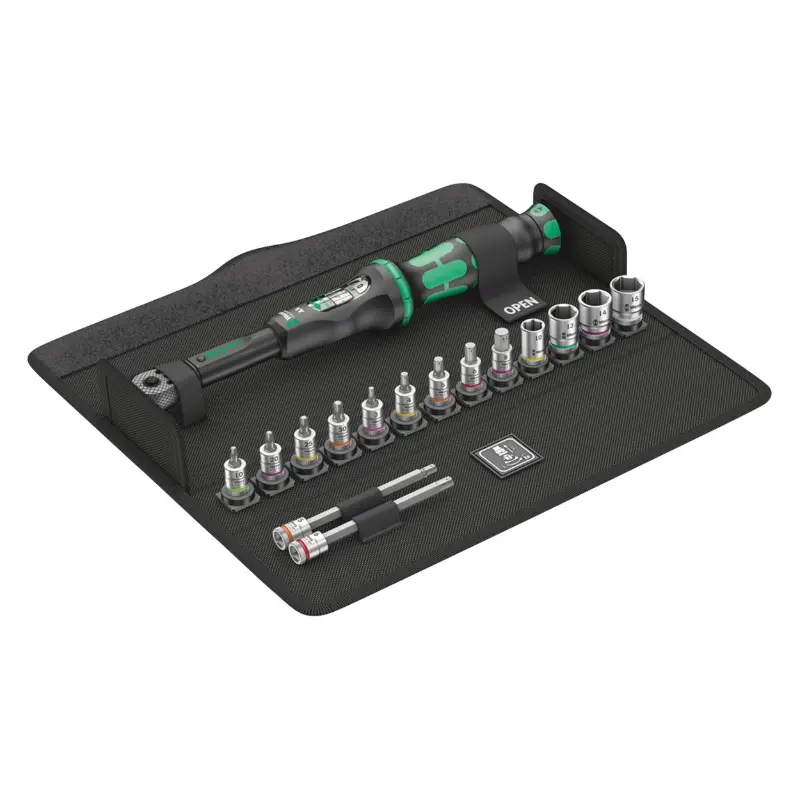 Wera Bicycle Torque A5 Square Drive 1-4 Nm 2.5-25 with Sockets and Bits Torque Wrench Set 16 Pieces Black-Green