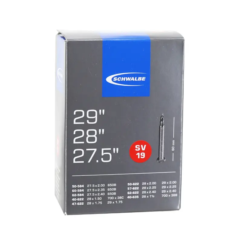Chambre à air Schwalbe 27,5-29 x 2,00-2,40 et 700x38 valve Presta démontable 60 mm tout alu