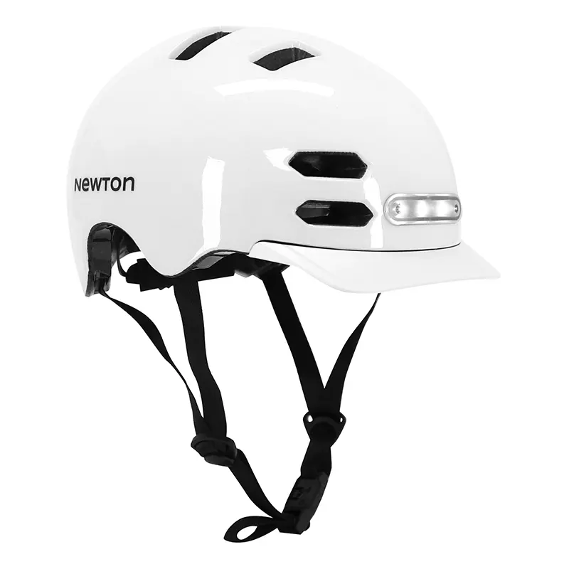 Casque vélo adulte NEWTON Newton urbain-city V4 blanc brillant in-mold avec visière 55-58 et éclairage intégré