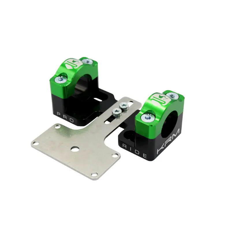 Pontet surpontet rigidificateur 50 mm boîte KRM Pro Ride pour guidon diam 28,6 mm alu CNC noir-vert avec support de compteur (paire)