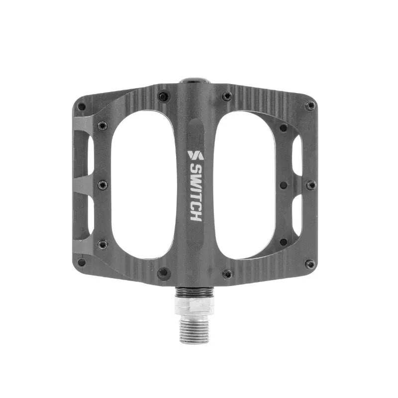 Pédales VTT plateforme descente Switch freeride alu CNC gris filetage 9-16 avec picots (paire) 100x90mm
