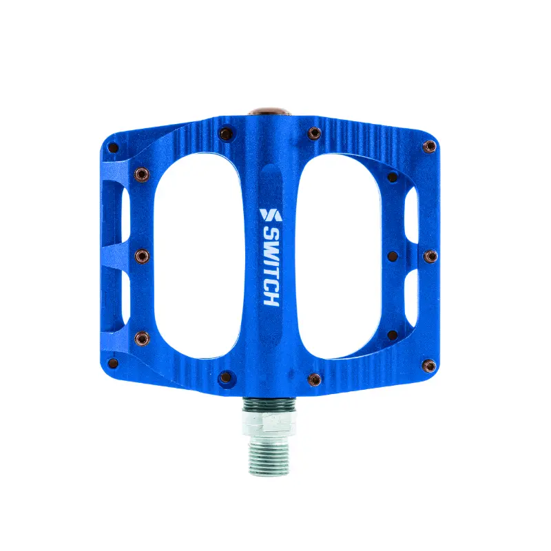 Pédales VTT plateforme Switch freeride alu CNC bleu filetage 9-16 avec picots (paire) 100x90mm