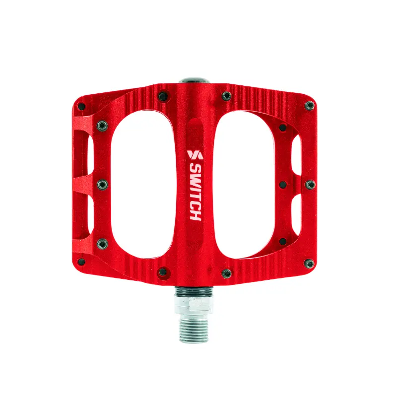 Pédales VTT plateforme descente Switch Freeride alu CNC rouge filetage 9-16 avec picots (paire) 100x90 mm