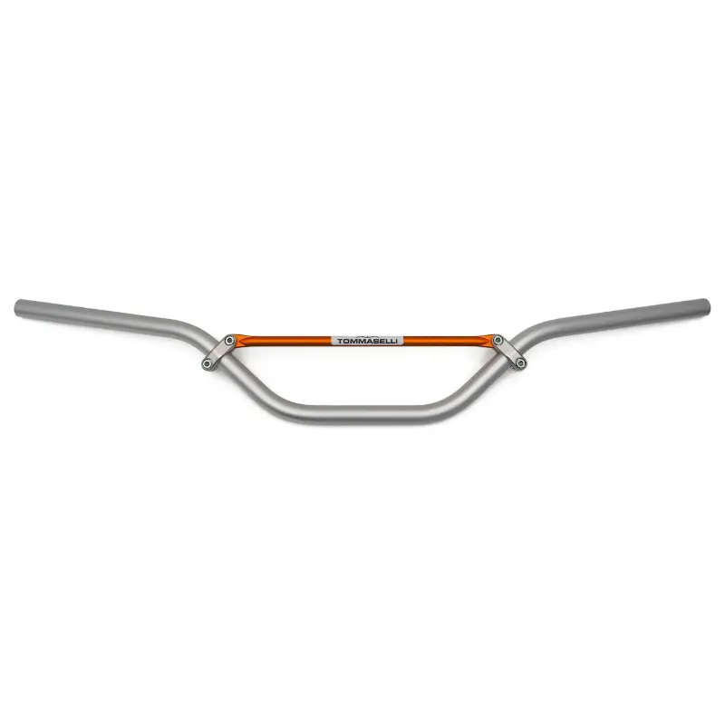 Guidon moto-cross vintage Tommaselli aluminium diamètre 22 mm L873 mm H152 mm argent avec barre de renfort orange